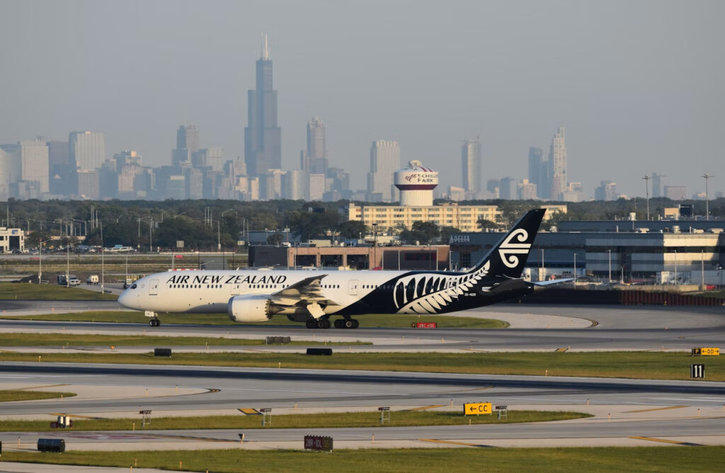 Air New Zealand aircraft on an airport runway.