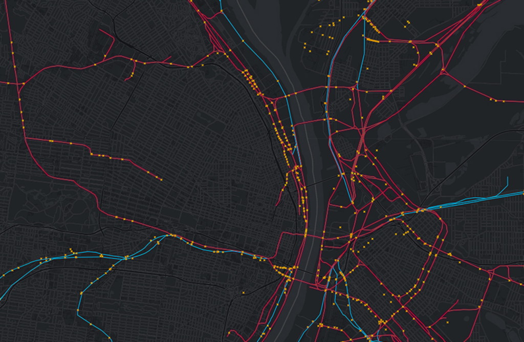 ArcGIS network map showing connected routes and network nodes.