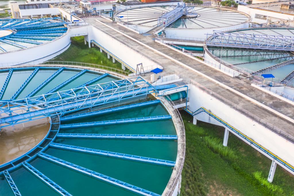 Water treatment facility with treatment tanks.