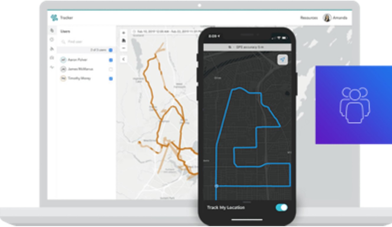 Mobile app showing tracked routes and user locations on a map.