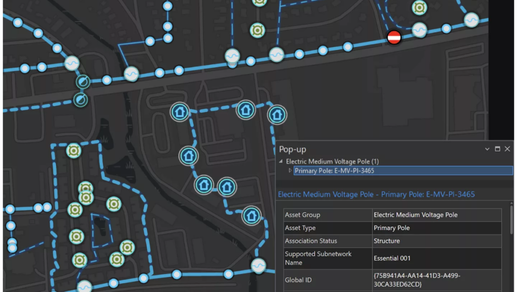 ArcGIS utility network map showing electrical assets and network connections.
