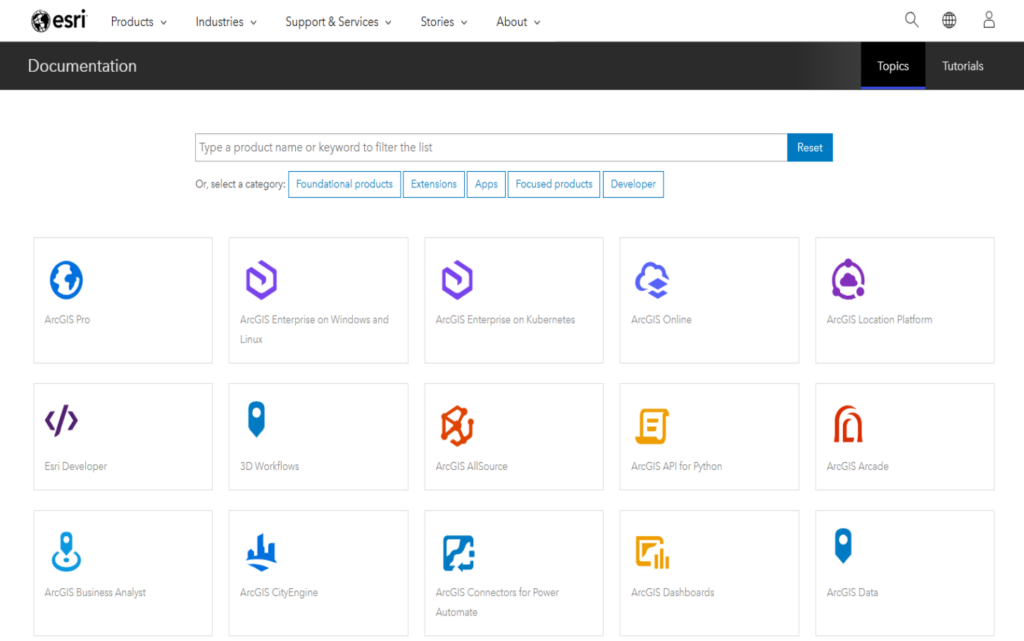 A screenshot displays Esri's logo along with a search page of a website.