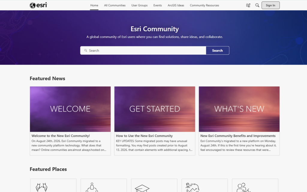 A screenshot displays Esri's logo along with a community search page of a website.