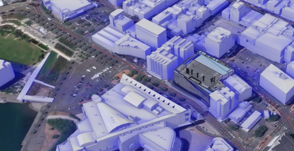 3D digital twin model of an urban city centre showing building visualisation, spatial data and GIS mapping analysis.